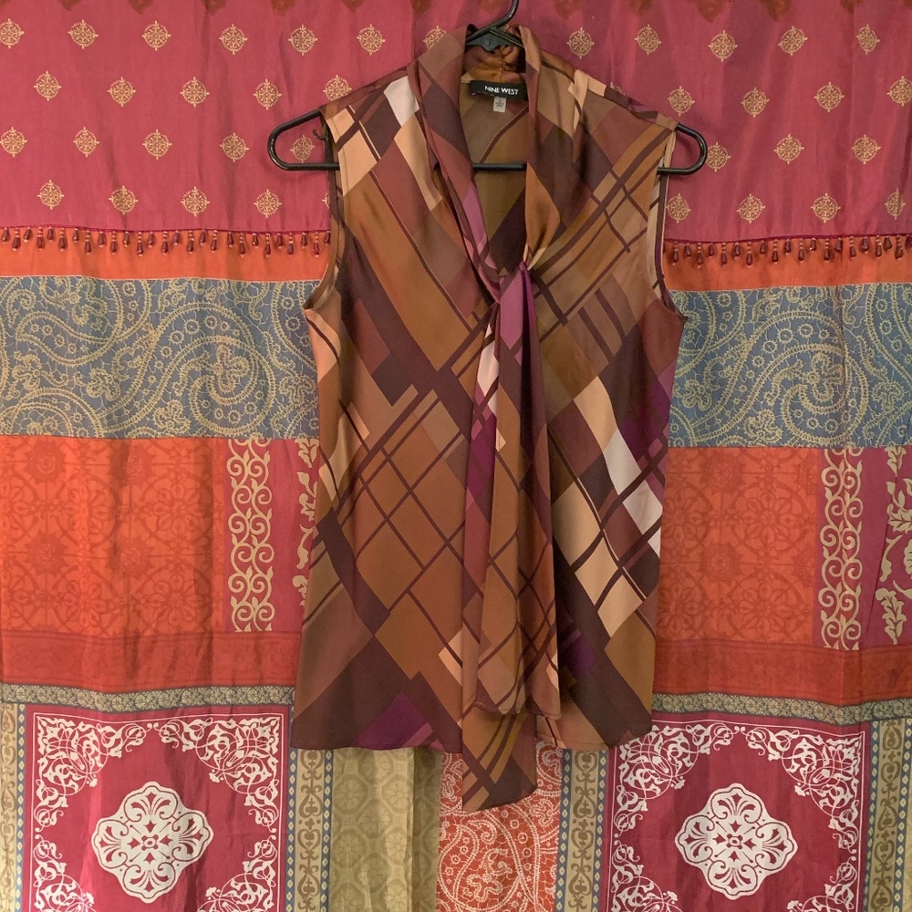 Nine West Tie Front Plaid Tank Blouse